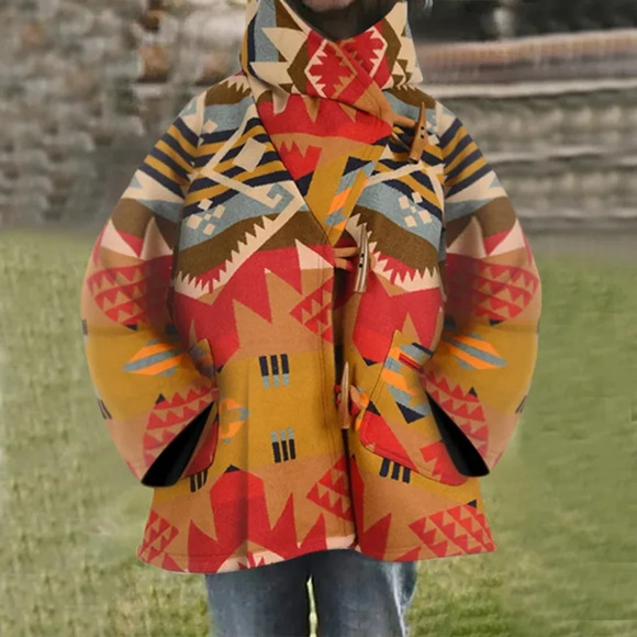 Casual Retro Print Hooded Jacket With Pockets, ORANJE, XL - Picture 7 of 12